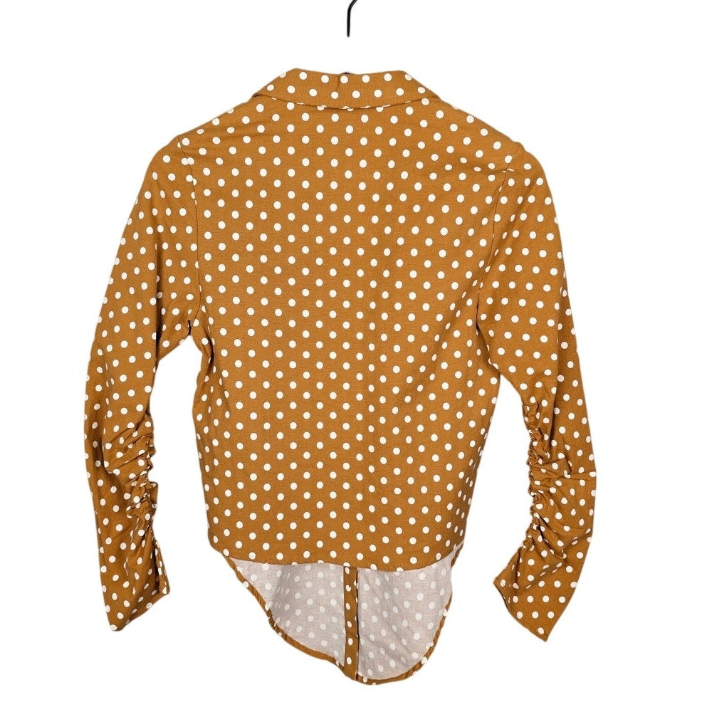 Mustard Polka Dot Cropped Blouse w/ Front Tie Top Size SX