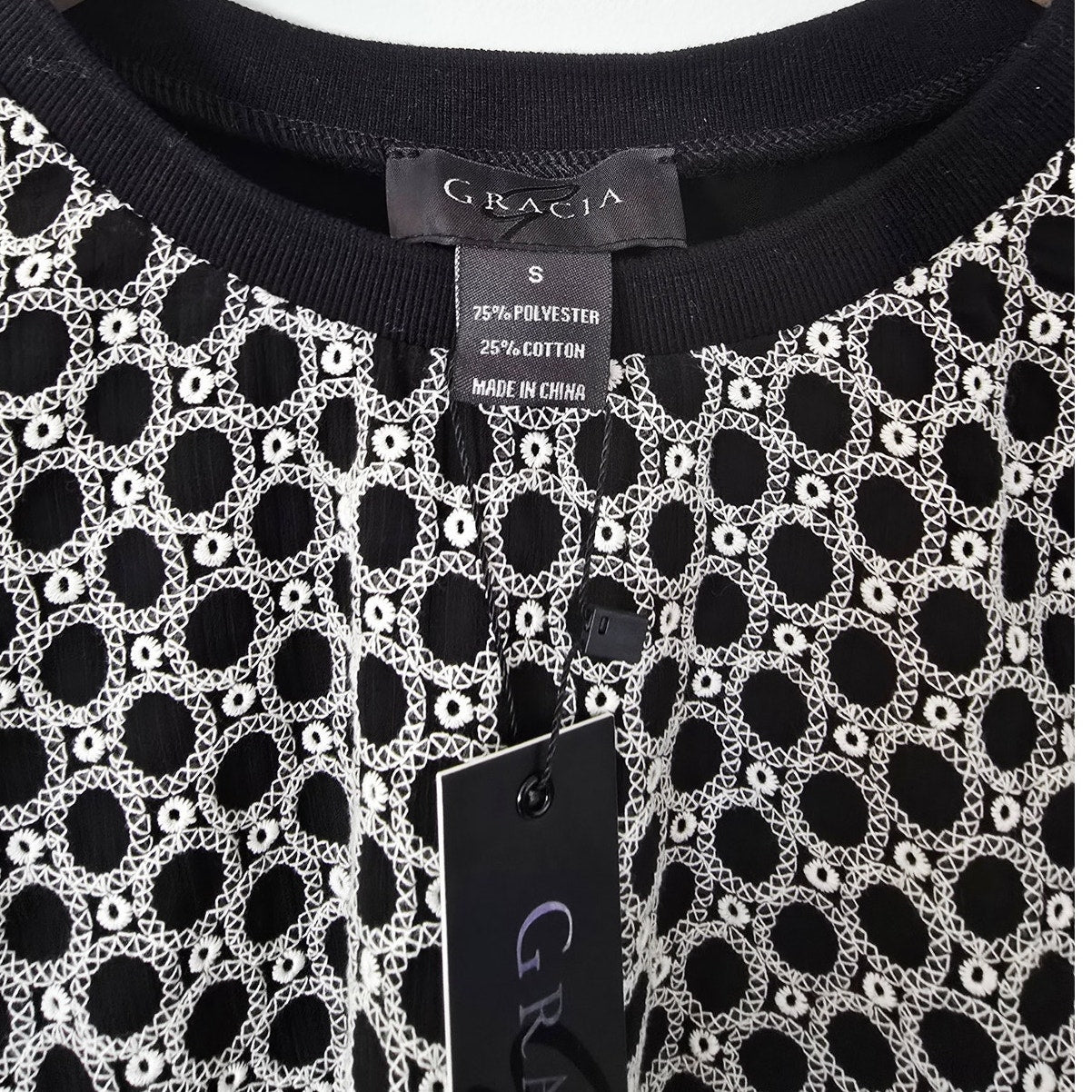Black White Puff Sleeve Embroidered Blouse Top Size S