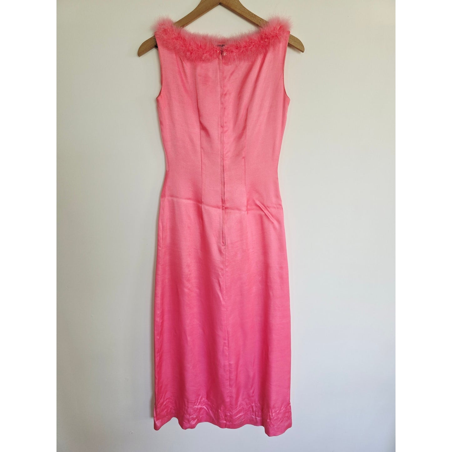 Vintage Pink Feather Trim Midi Dress Sleeveless Slip Dress Size XS/S