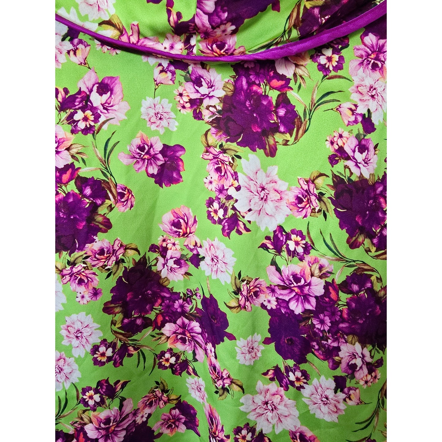Green Purple Floral Satin Wrap Tie Top Blouse Size 46 L