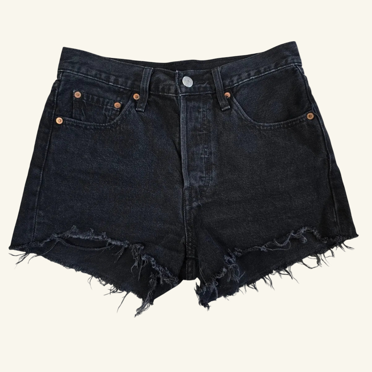 High Rise Black Denim Cutoff Shorts Distressed Hem Size 25