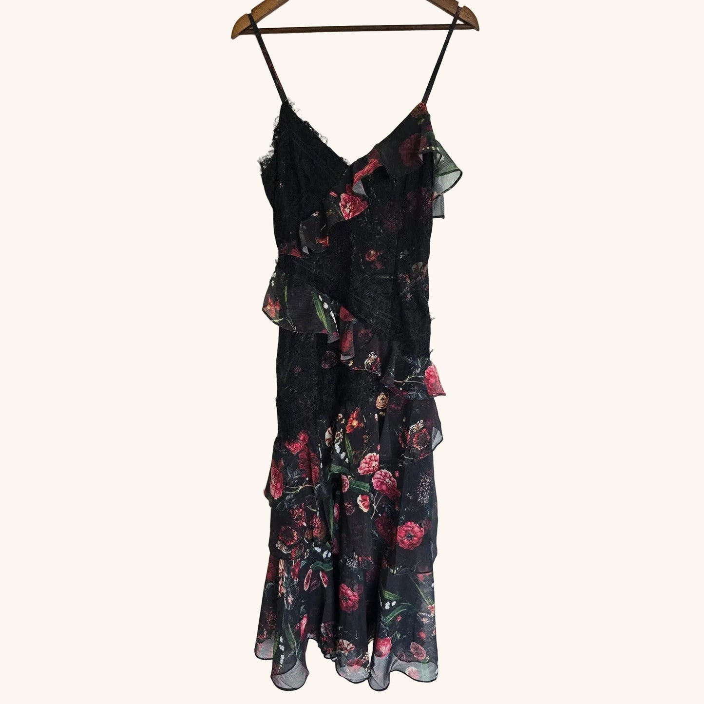 Black Floral Lace Tiered Ruffle Midi Dress Size L NWT Size L