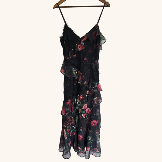 Black Floral Lace Tiered Ruffle Midi Dress Size L NWT Size L