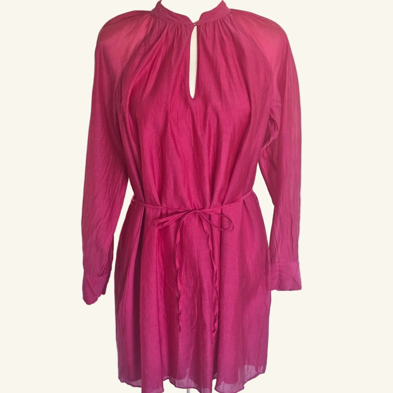 Pink Silk Blend Shirt Dress Tie Waist Pockets Size S
