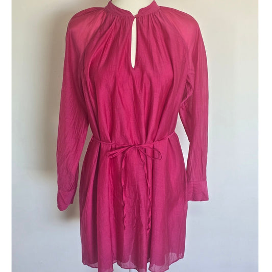 Pink Silk Blend Shirt Dress Tie Waist Pockets Size S