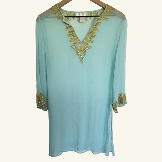 Light Blue Sequin Sheer Silk Embroidered Tunic Size M