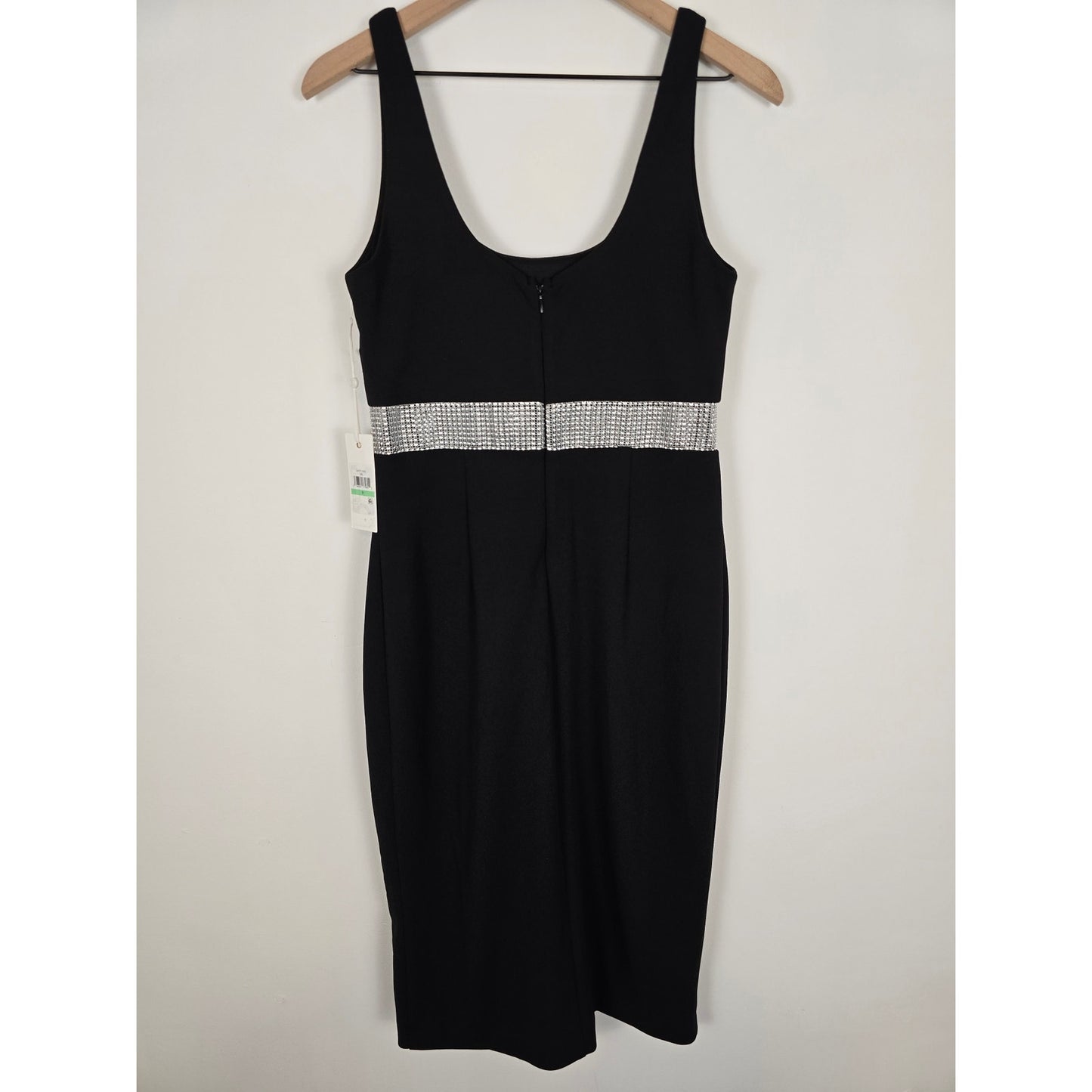 Black Midi Dress Rhinestone Waist Scuba Crepe Sleeveless Size 8