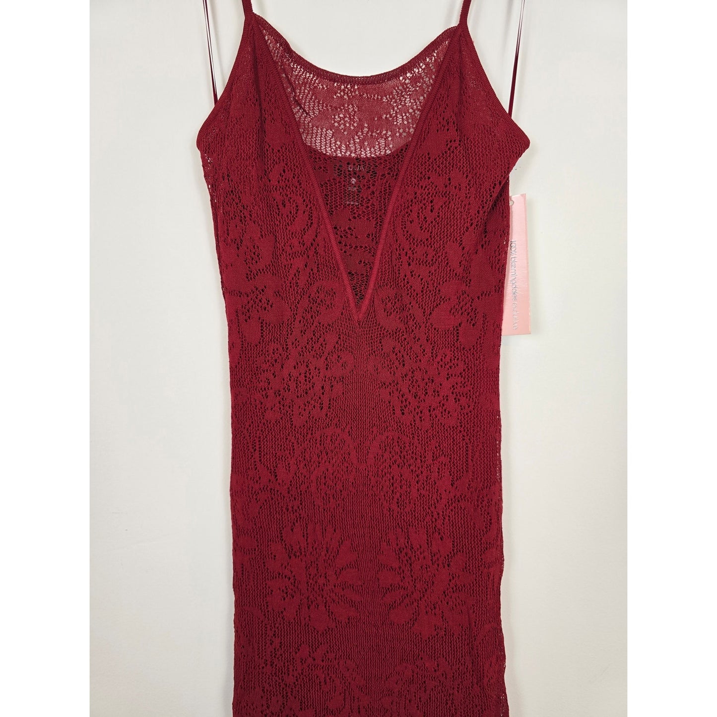 Red Lace Bodycon Midi Dress Sheer Floral Spaghetti Strap XS