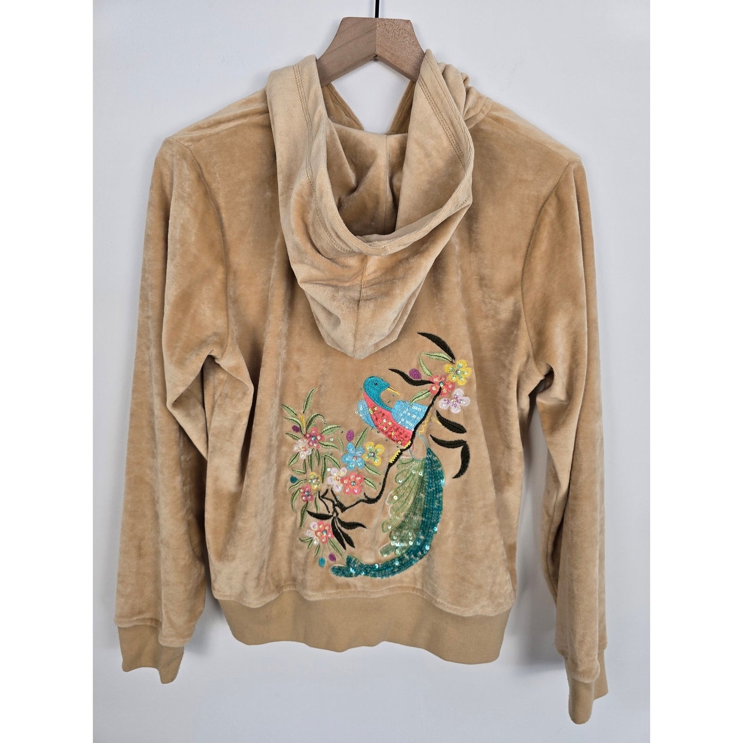 Camel Brown Floral Peacock Beaded Sequin Velour Zip Hoodie Size XL