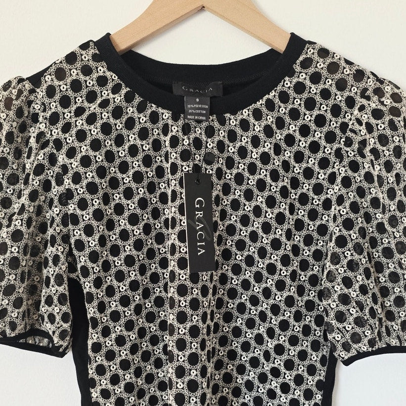 Black White Puff Sleeve Embroidered Blouse Top Size S