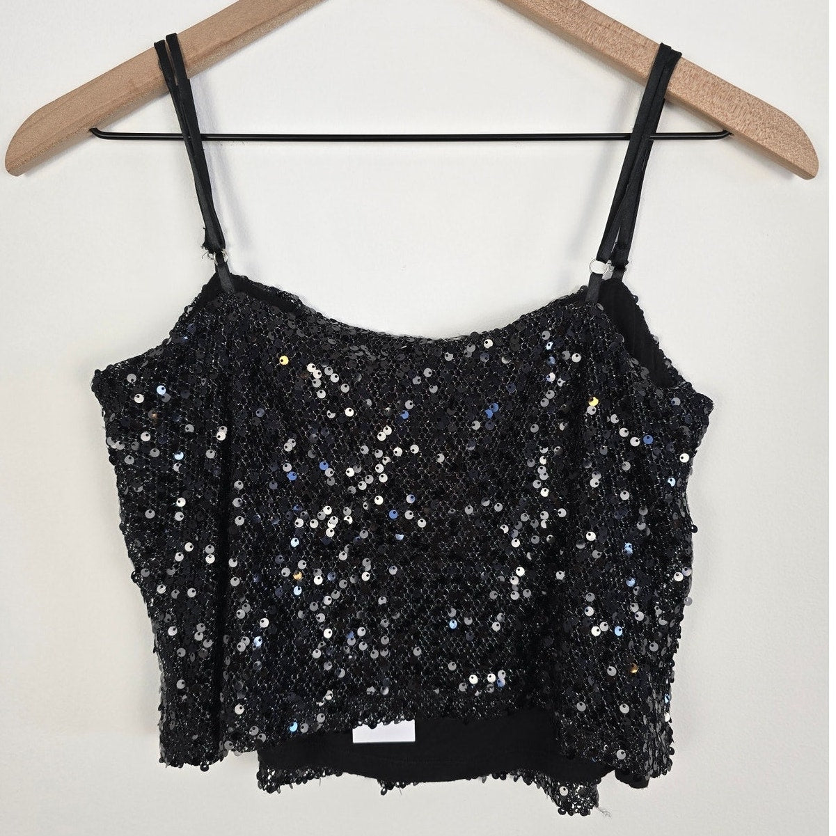 Black Sequin Spaghetti Strap Crop Top Size L