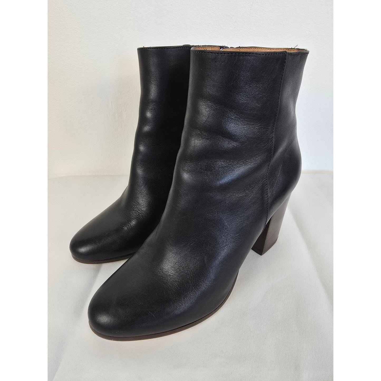 Black Leather Ankle Booties Block Heel Size 36 US 6