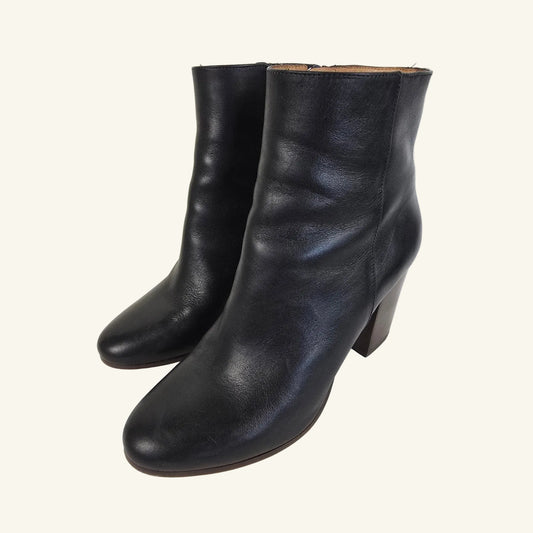 Black Leather Ankle Booties Block Heel Size 36 US 6