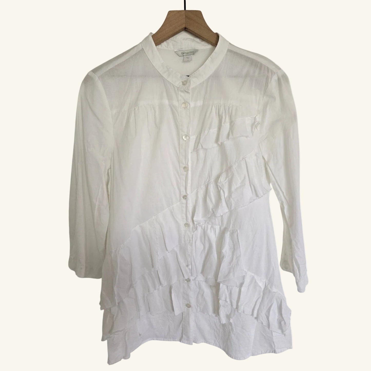 White Cotton Ruffle Mandarin Collar Blouse Size 8
