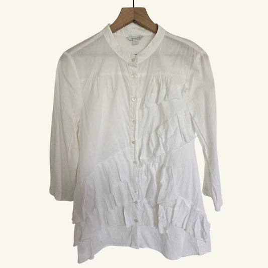 White Cotton Ruffle Mandarin Collar Blouse Size 8