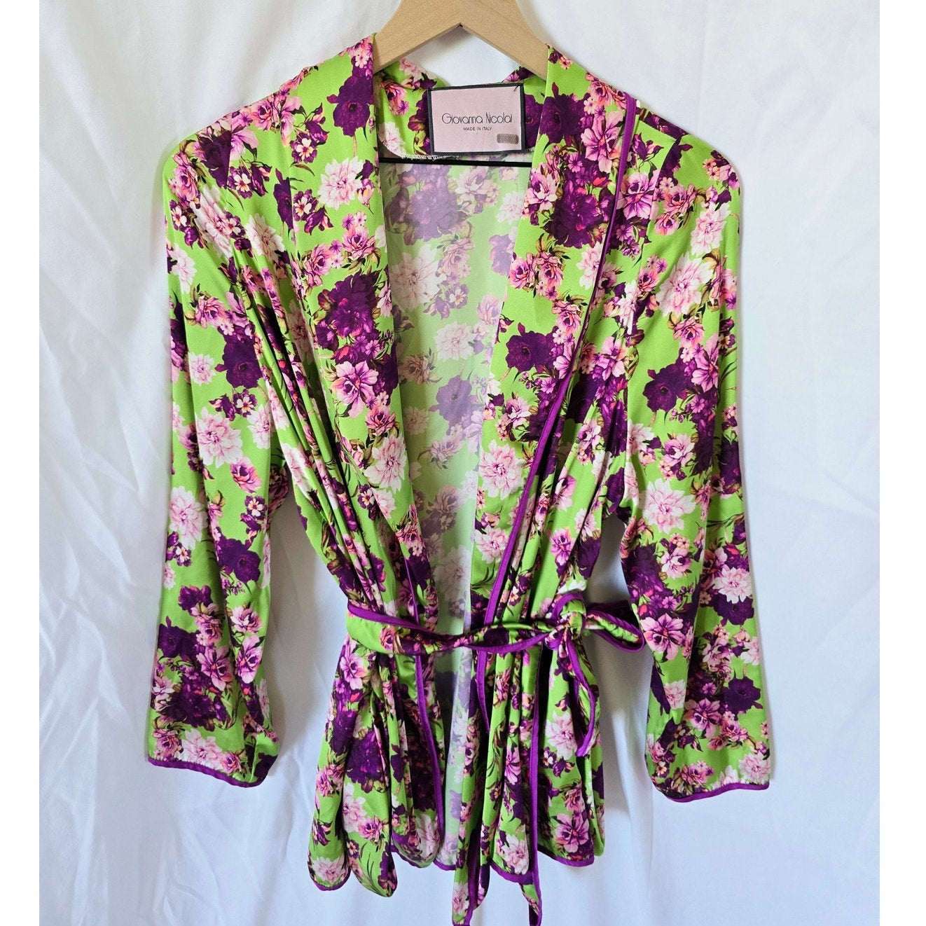 Green Purple Floral Satin Wrap Tie Top Blouse Size 40 S