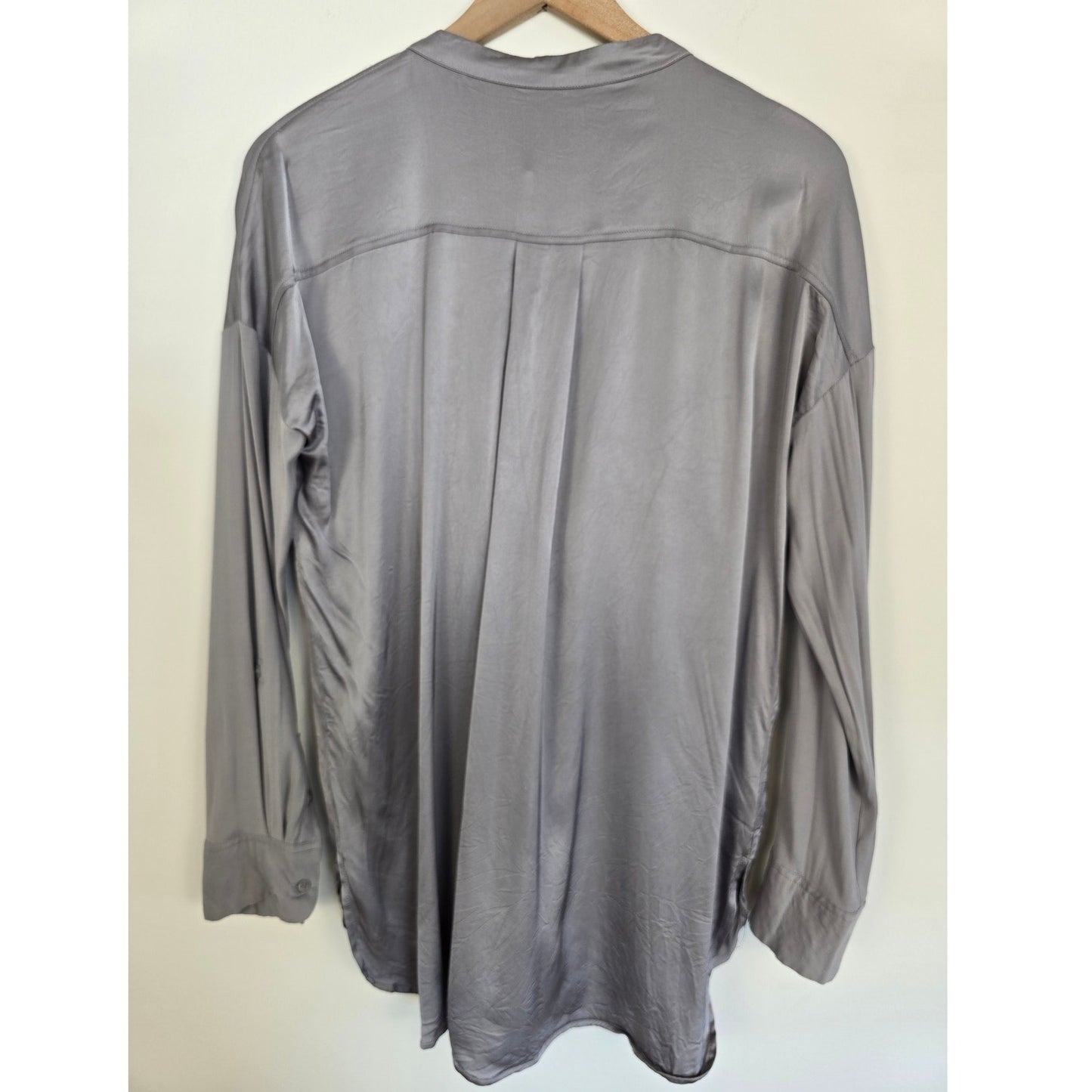 Gray Satin Pocket Blouse Button Down Top Size S