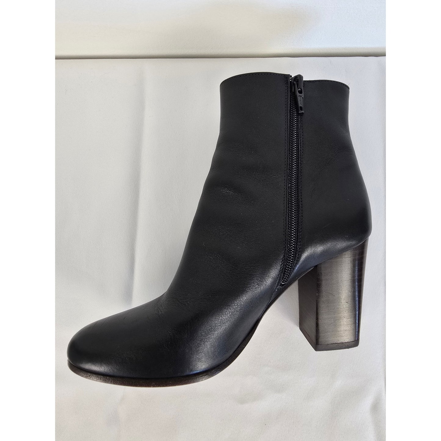 Black Leather Ankle Booties Block Heel Size 36 US 6