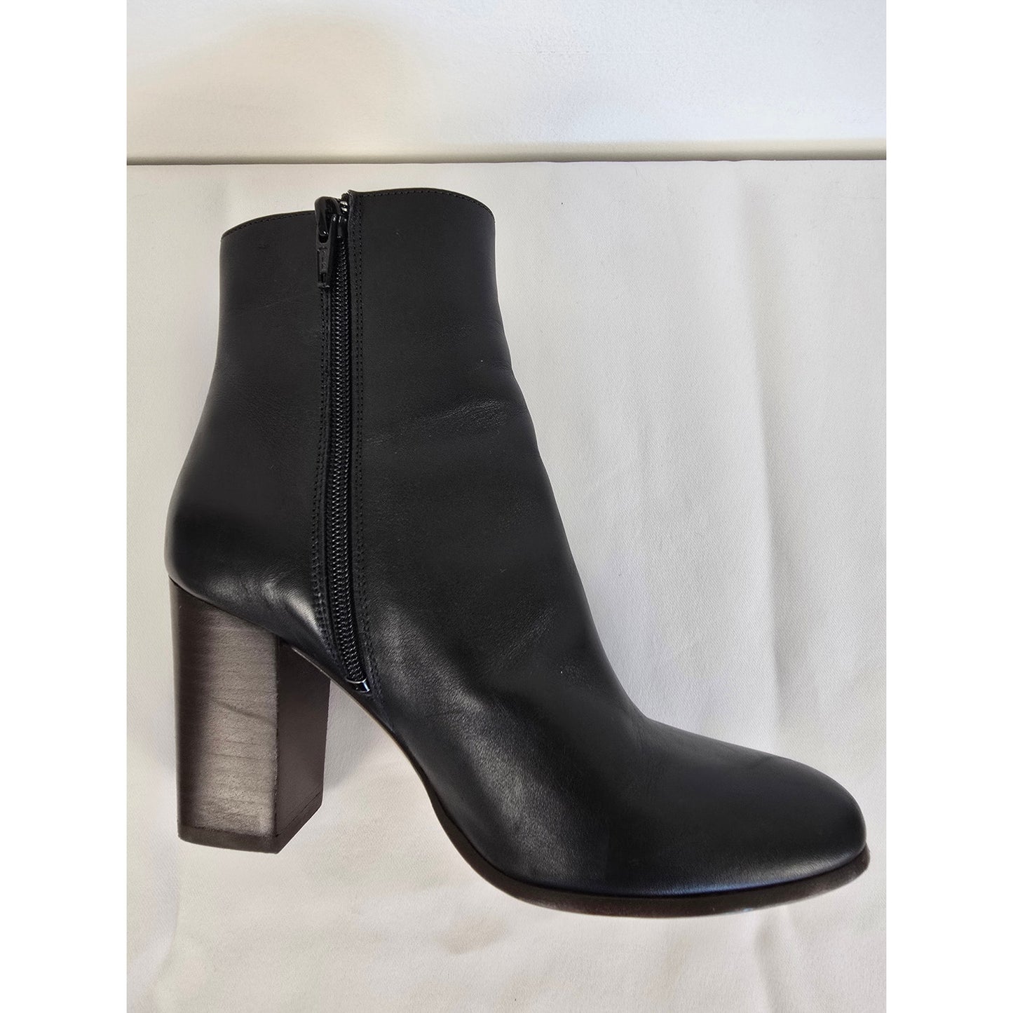 Black Leather Ankle Booties Block Heel Size 36 US 6