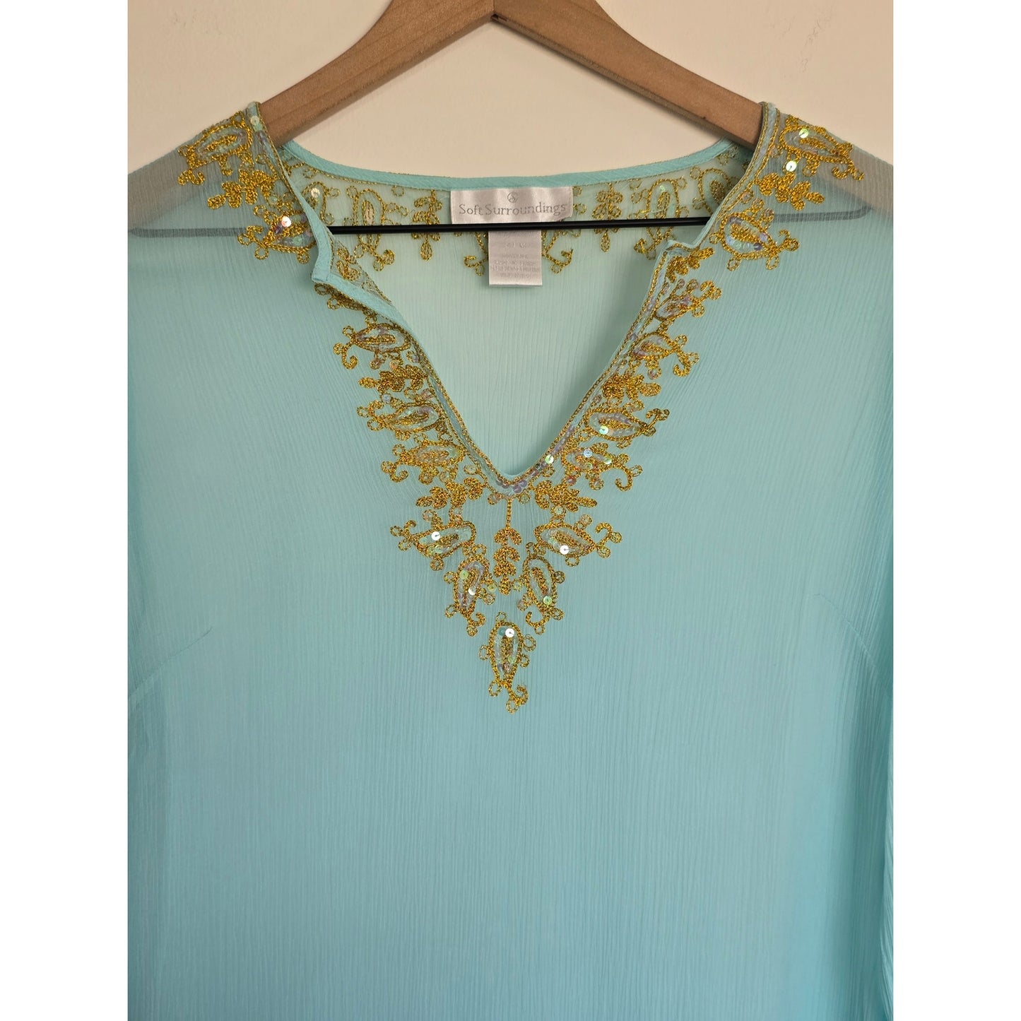 Light Blue Sequin Sheer Silk Embroidered Tunic Size M