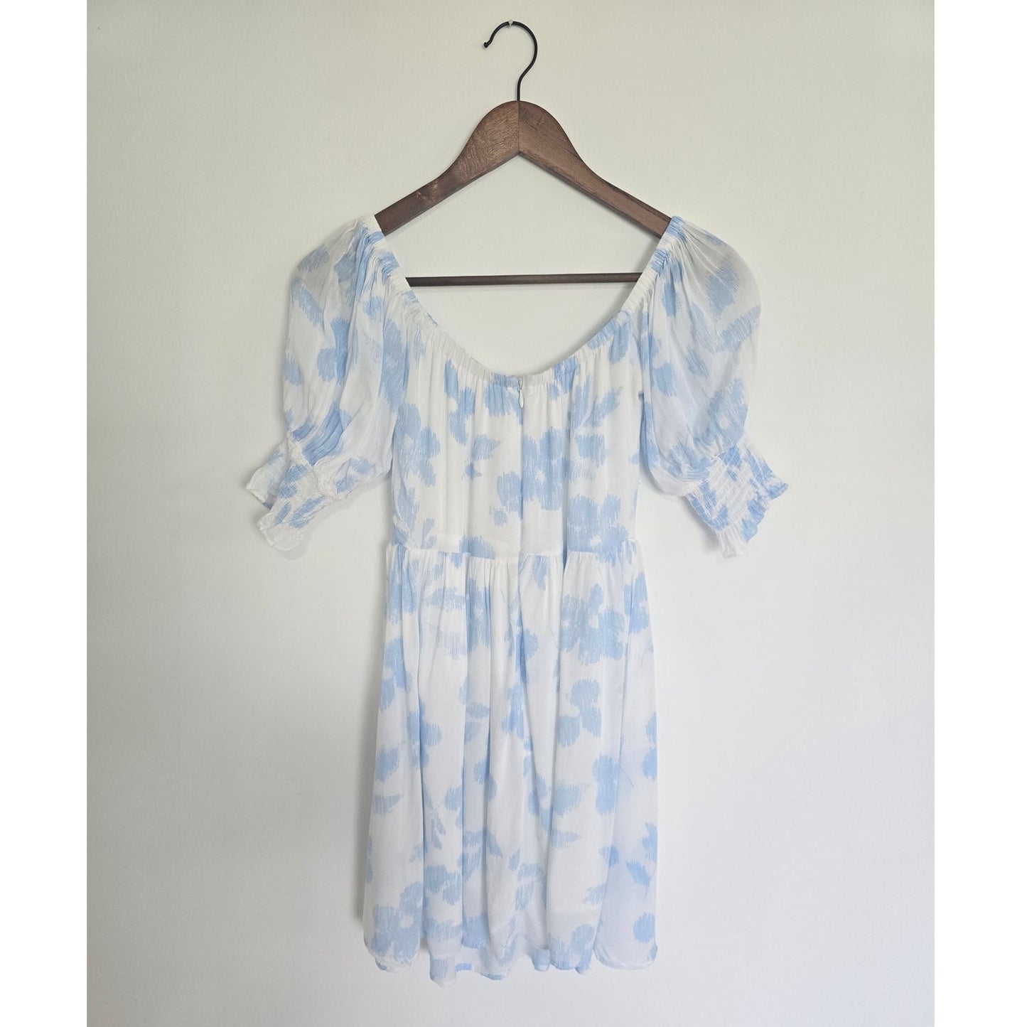 Blue Floral Mini Dress Puff Sleeve Babydoll Size XS
