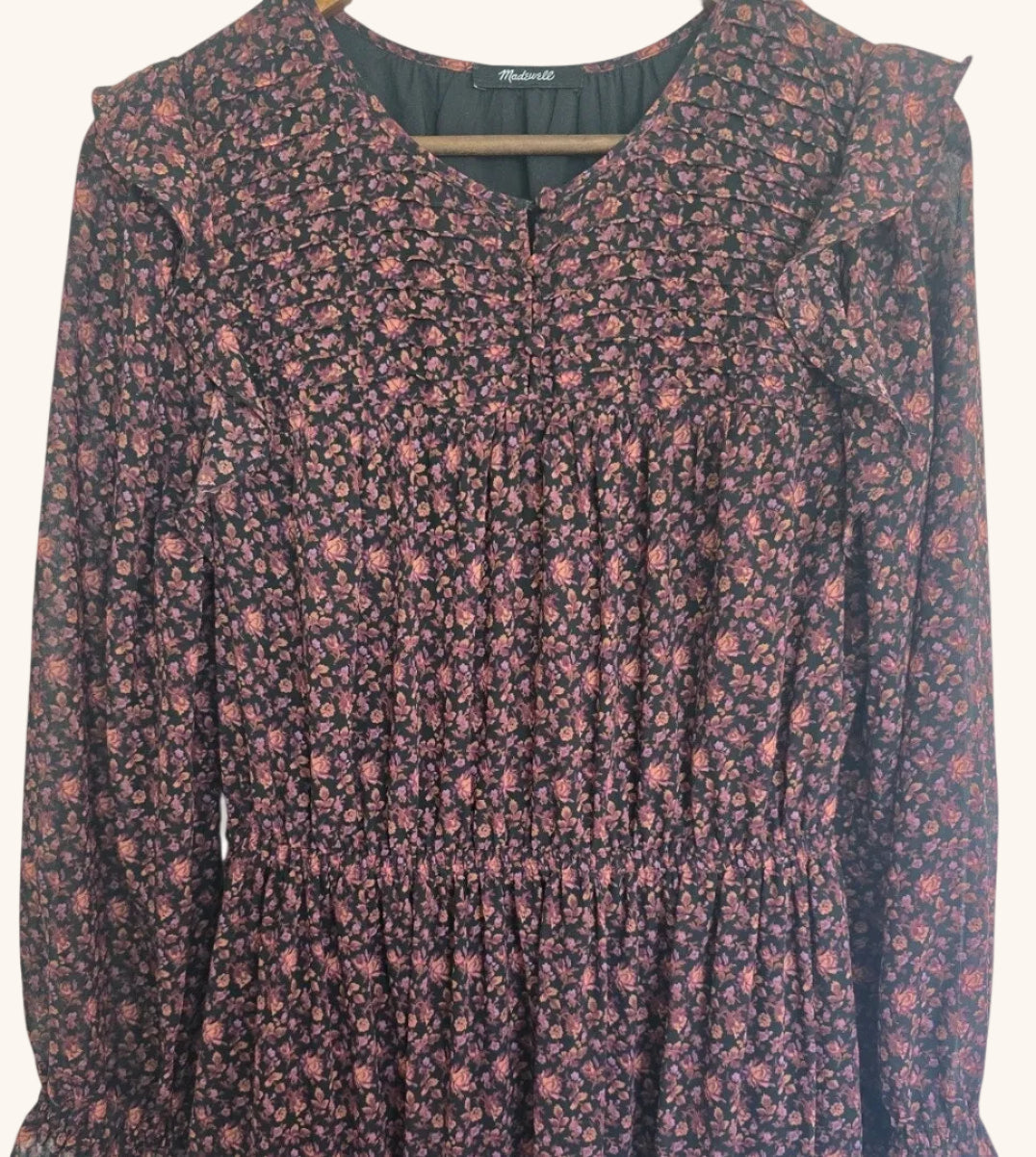 Dark Orchard Floral Tiered Ruffle Midi Dress Size M