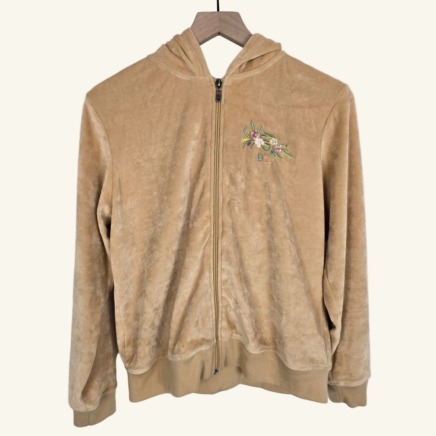 Camel Brown Floral Peacock Beaded Sequin Velour Zip Hoodie Size XL