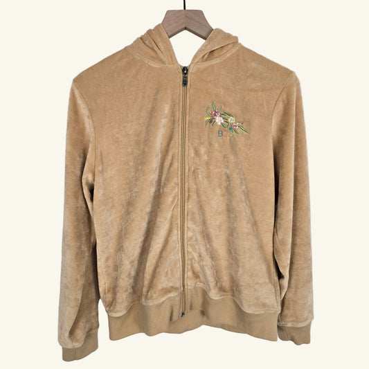 Camel Brown Floral Peacock Beaded Sequin Velour Zip Hoodie Size XL