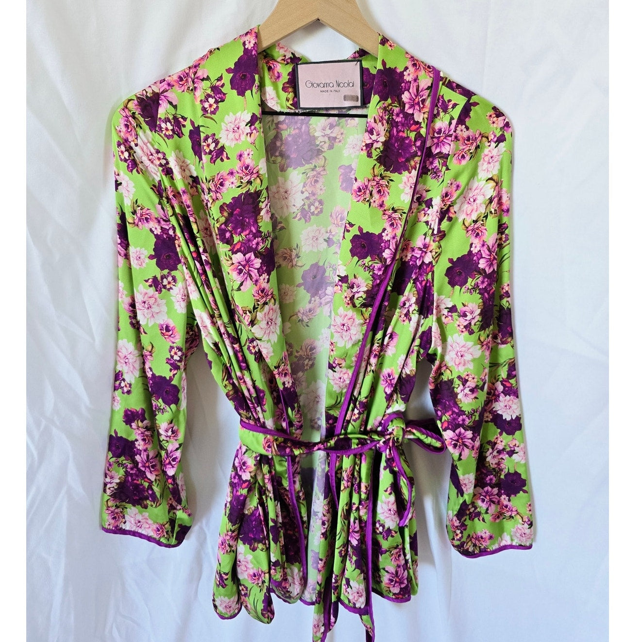 Green Purple Floral Satin Wrap Tie Top Blouse Size 44 M