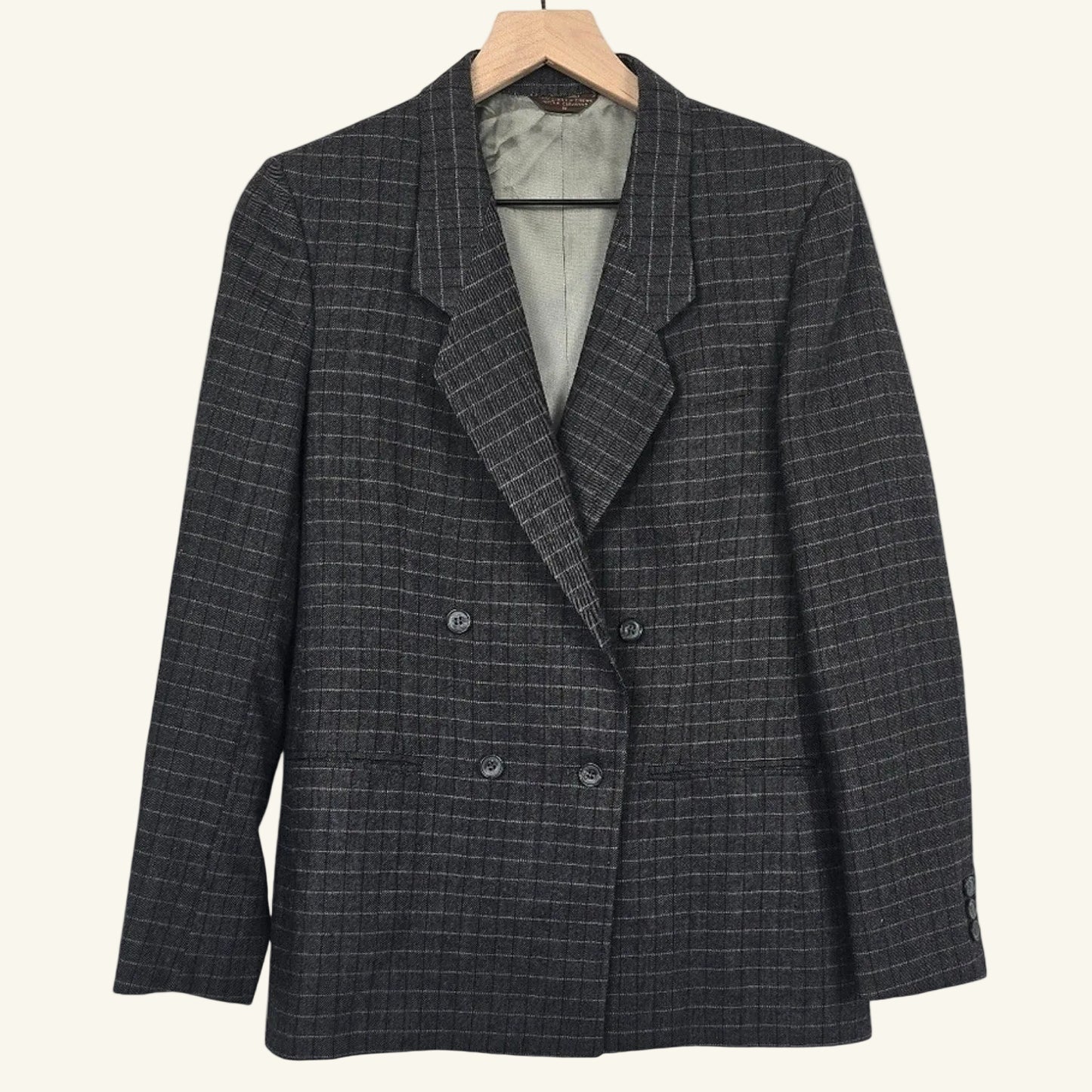 Vintage 90's Gray Cricketeer Plaid Wool Double Breasted Blazer Size 6
