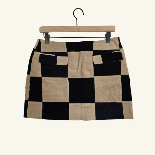Brown Black Patchwork Corduroy Mini Skirt Size M