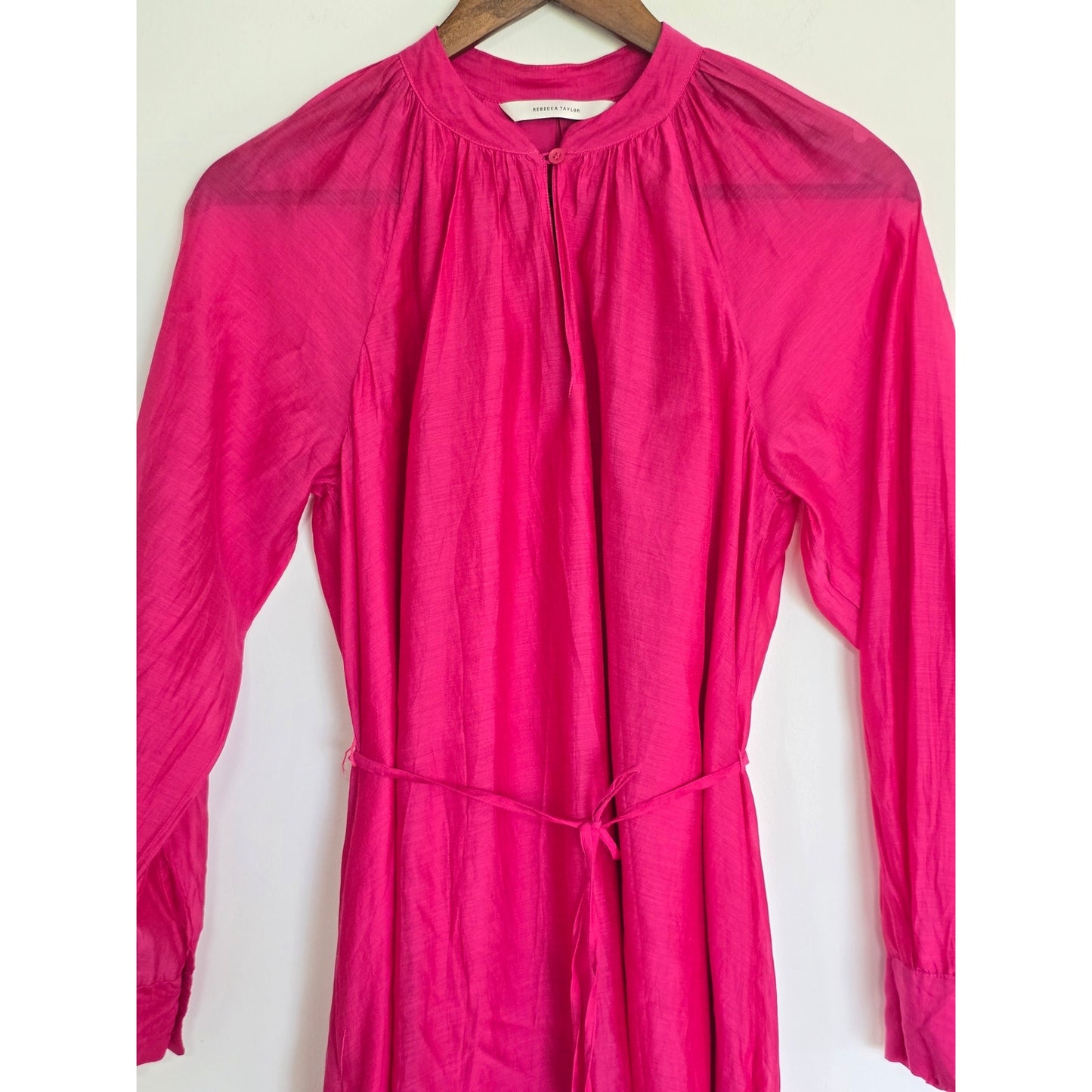 Pink Silk Blend Shirt Dress Tie Waist Pockets Size S