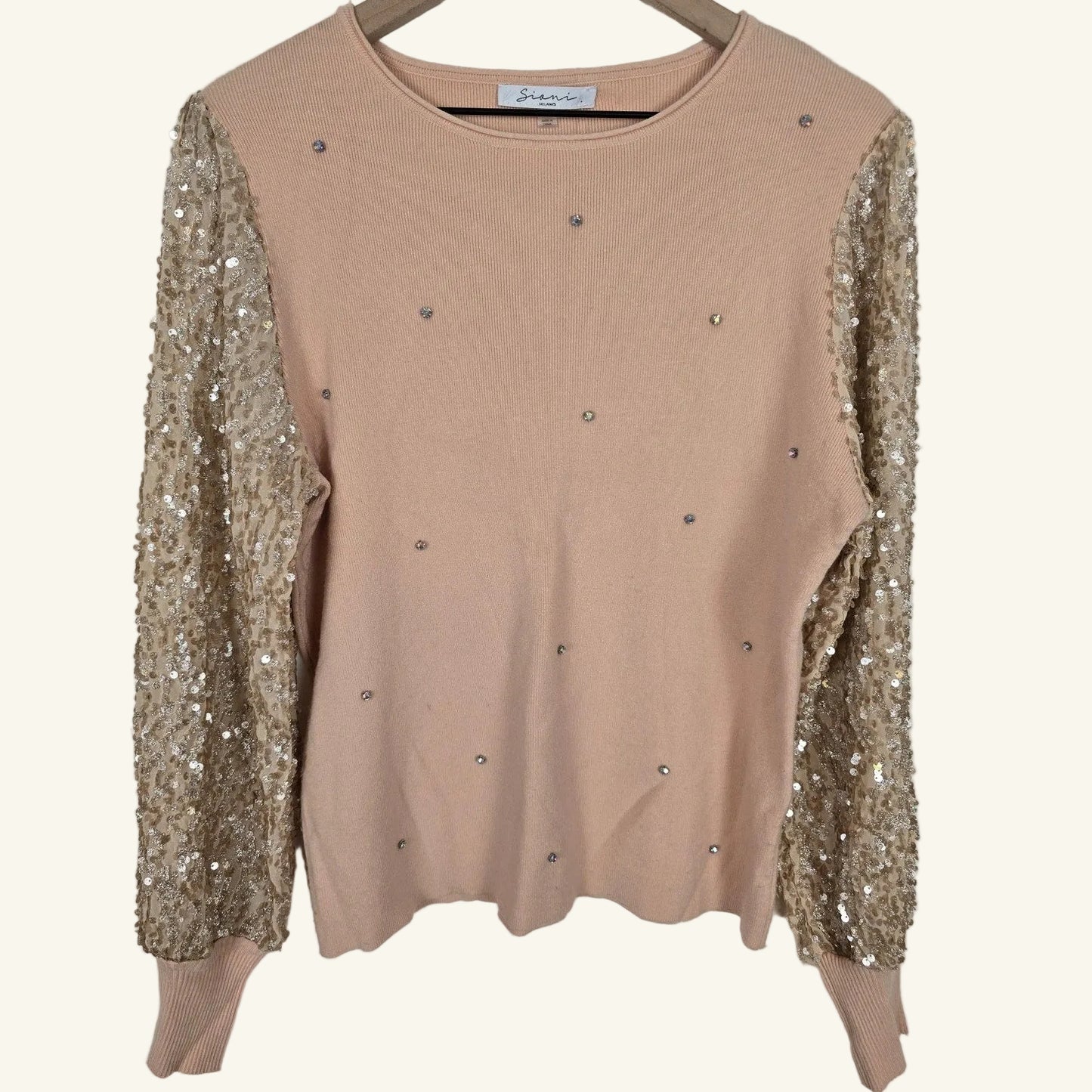 Blush Pink Gold Sequin Sweater Statement Sleeves Size Large