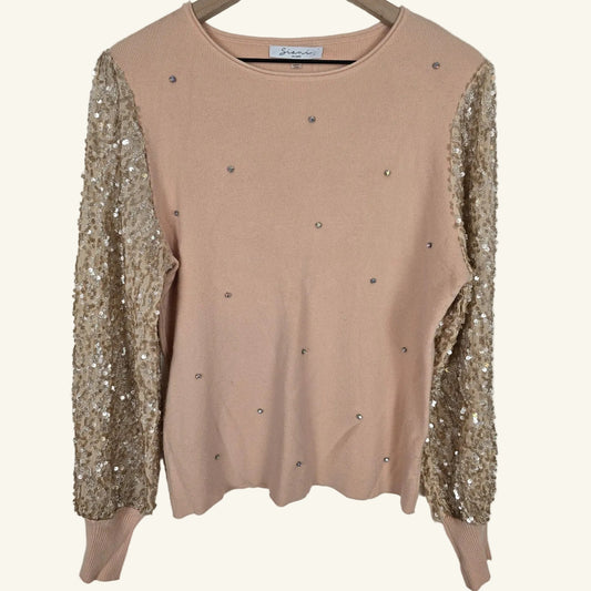 Blush Pink Gold Sequin Sweater Statement Sleeves Size Large