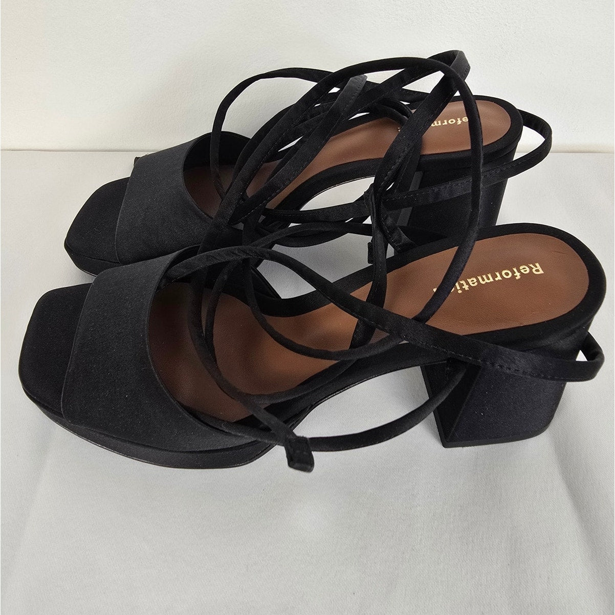 Black Satin Platform Sandal Heels Size 7
