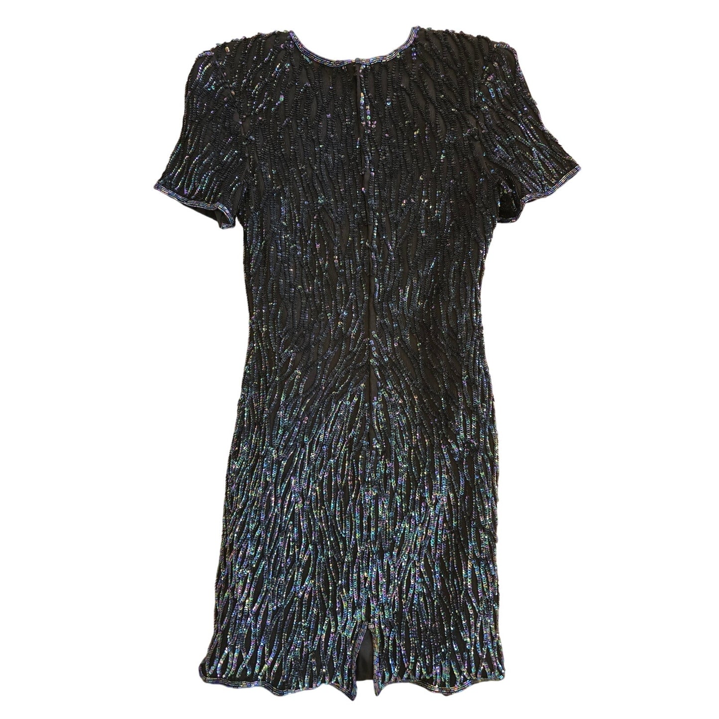 Vintage Black Iridescent Beaded 100% Silk Sequin Mini Dress Size M
