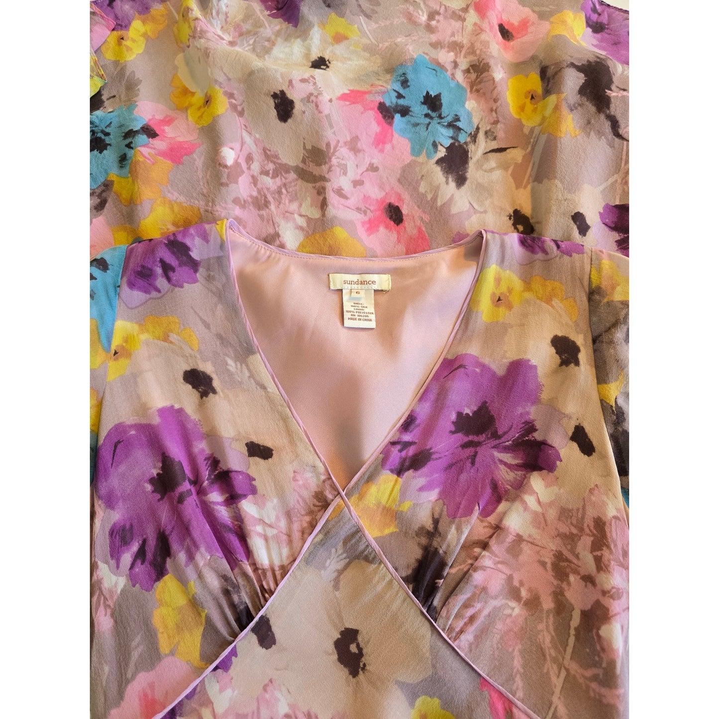 Purple Pink Silk Floral V-Neck Midi Dress Size 6
