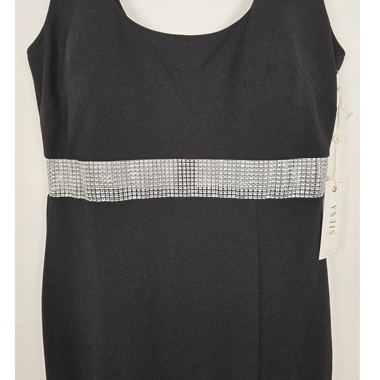 Black Midi Dress Rhinestone Waist Scuba Crepe Sleeveless Size 8