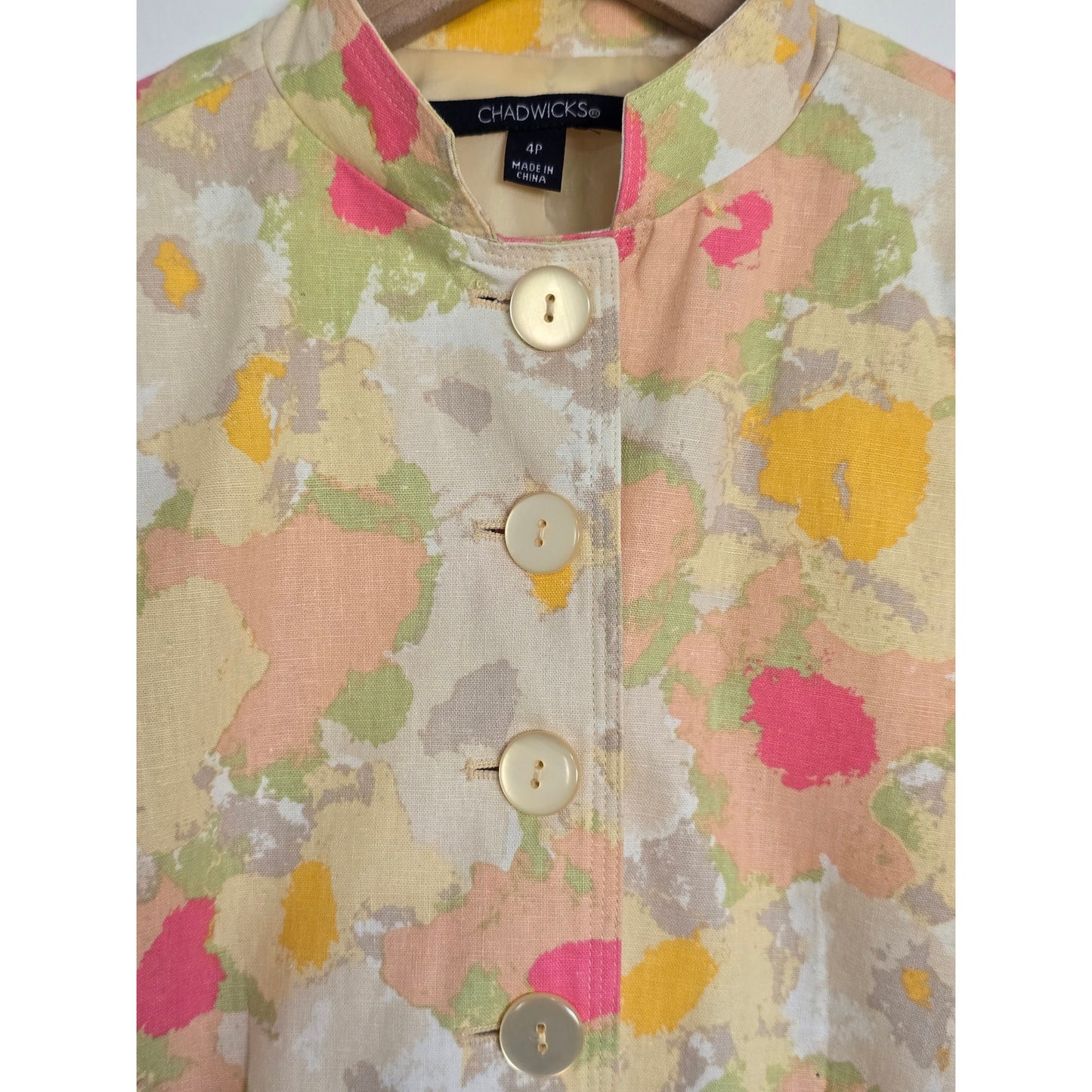 Yellow Floral Linen Blend Cropped Jacket Size 4P
