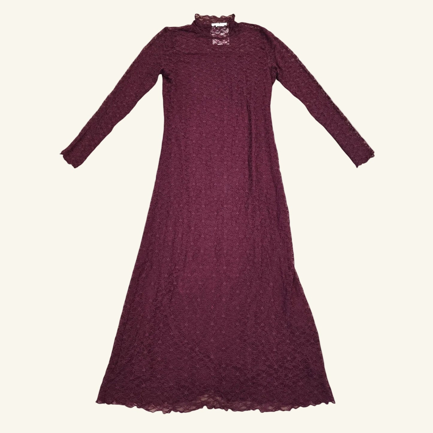Burgundy Lace Mock Neck Maxi Dress Long Sleeve Size S