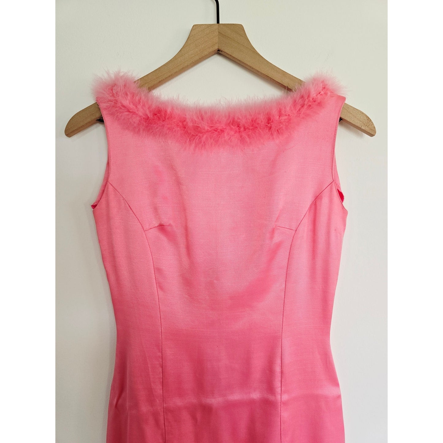 Vintage Pink Feather Trim Midi Dress Sleeveless Slip Dress Size XS/S