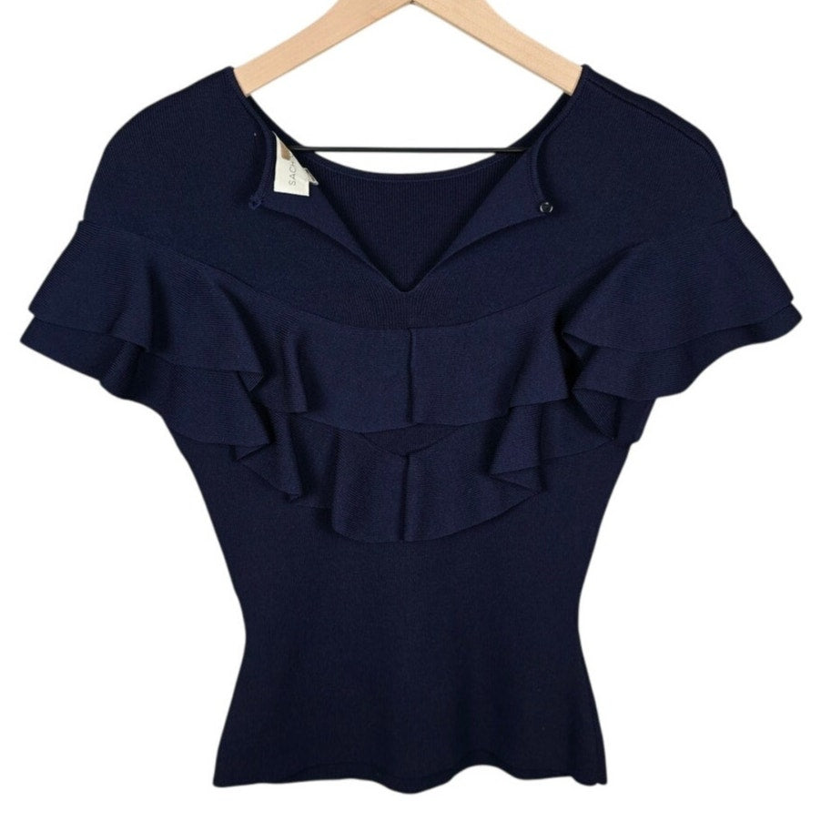 Navy Blue Ribbed Ruffle Knit Blouse Size XS