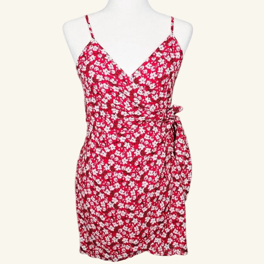 Red Floral Wrap Mini Dress Red Spaghetti Strap Size S