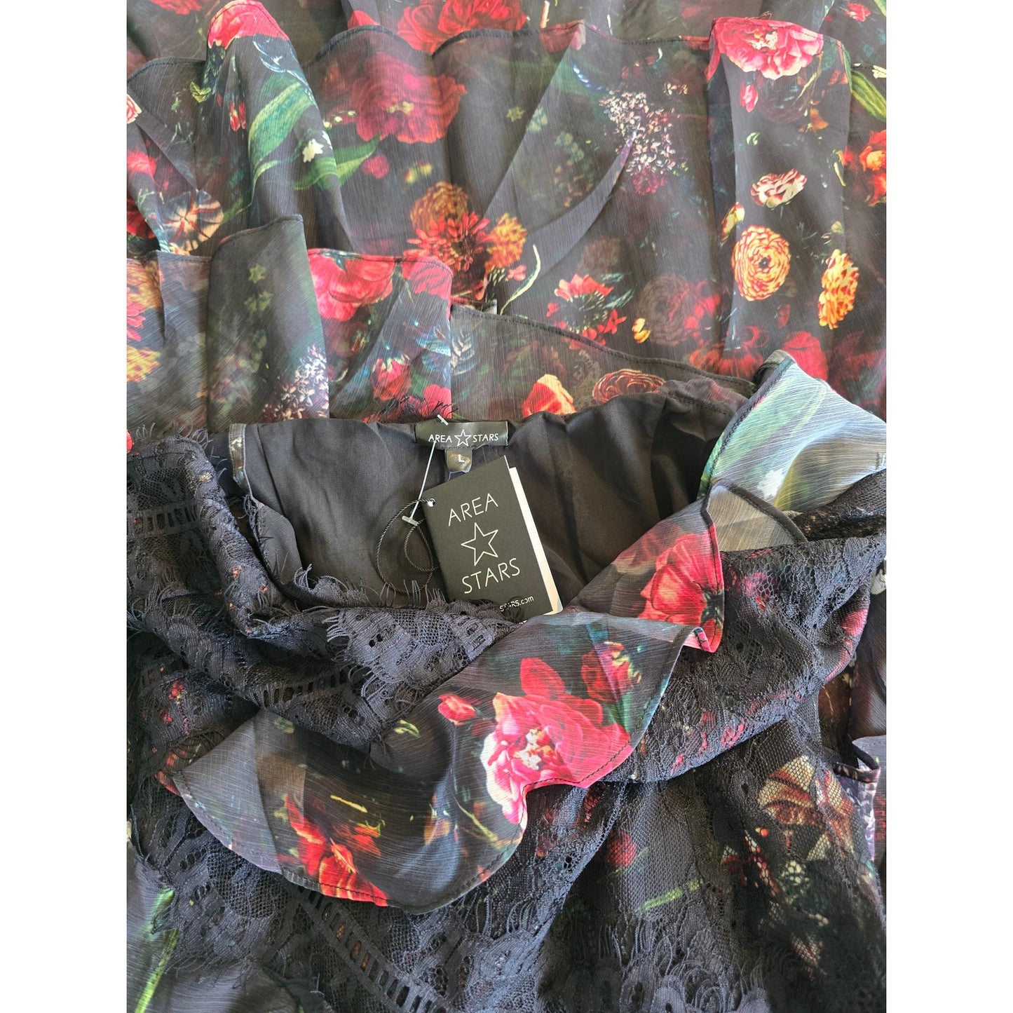Black Floral Lace Tiered Ruffle Midi Dress Size L NWT Size L