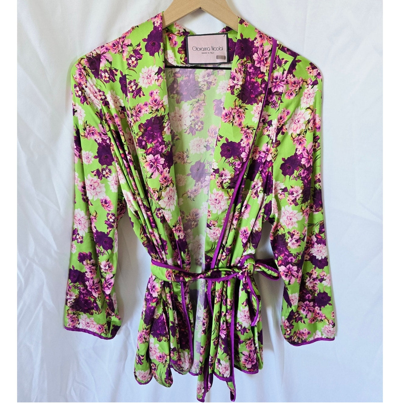Green Purple Floral Satin Wrap Tie Top Blouse Size 46 L