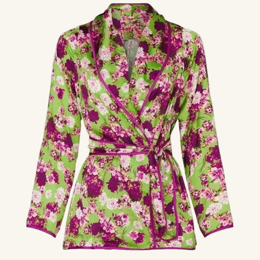 Green Purple Floral Satin Wrap Tie Top Blouse Size 44 M