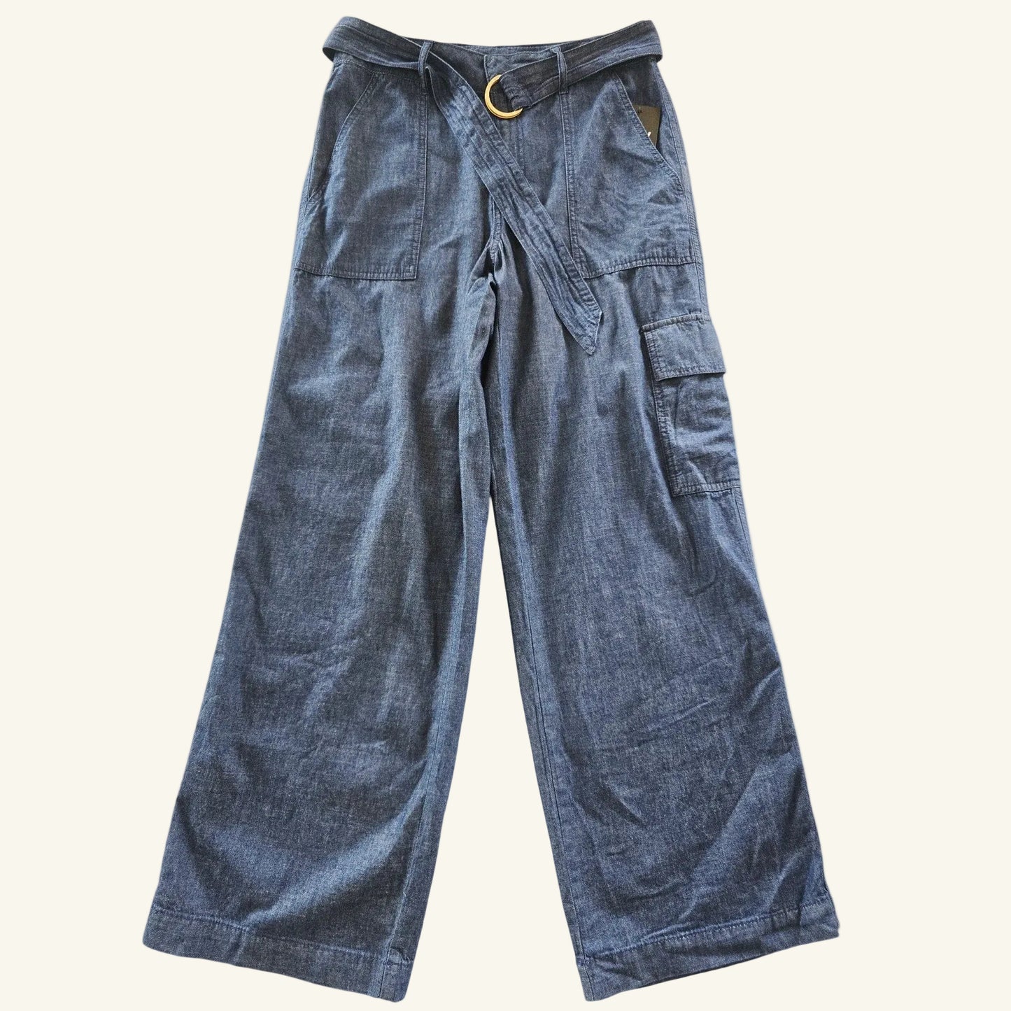 Blue Wide Leg Belted High Rise Denim Cargo Pants Size 8 NWT