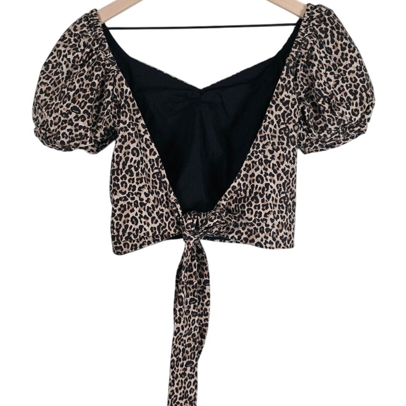 Leopard Puff Sleeve Open Back Crop Top Size XS