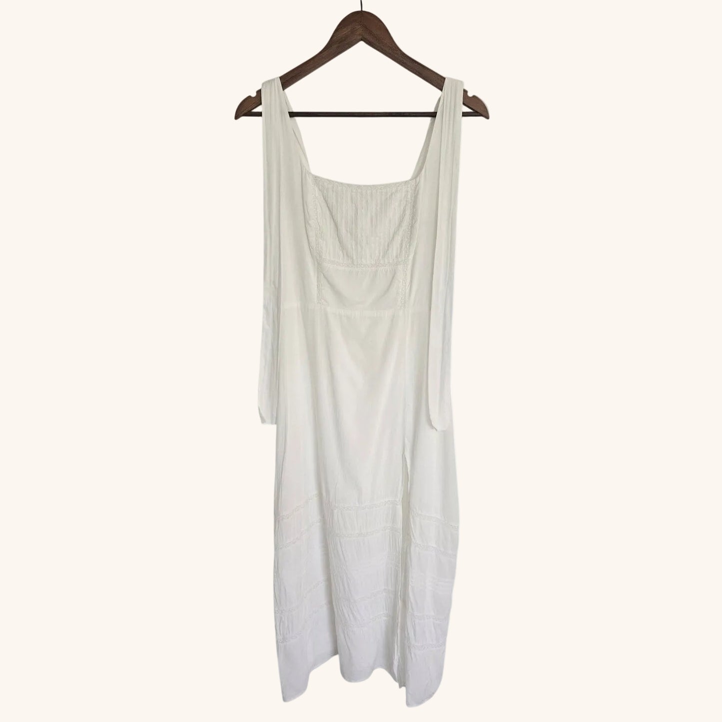 White Organic Cotton Midi Dress Side Slit Tie Strap Size 6
