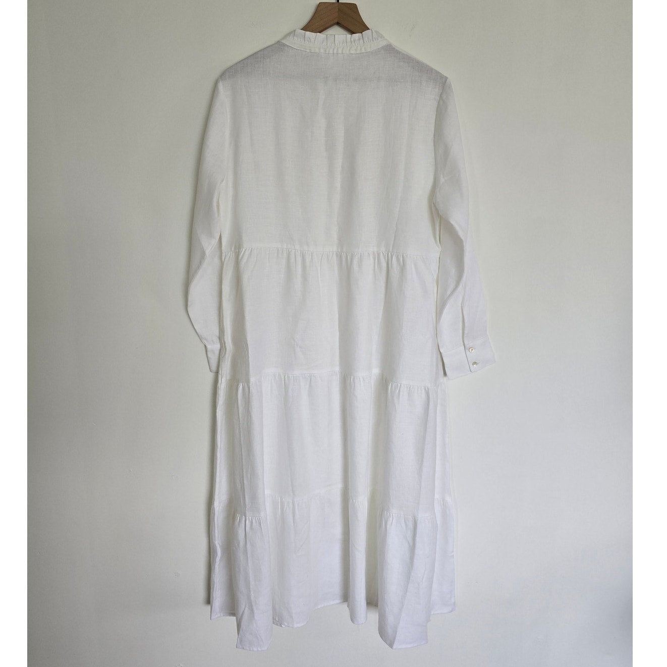 White Linen Tiered Maxi Dress Band Collar Size L